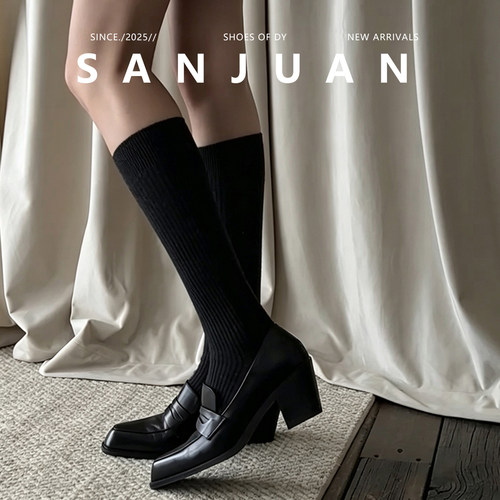 羊皮版sanjuan三卷厚底粗跟乐福鞋黑色增高玛丽珍鞋通勤高跟皮鞋 - 图3