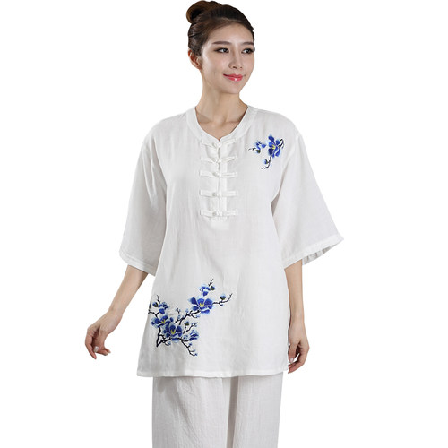 宏极太极服女亚麻棉麻刺绣绣花夏季新款练功服短袖中老年晨练服夏 - 图3