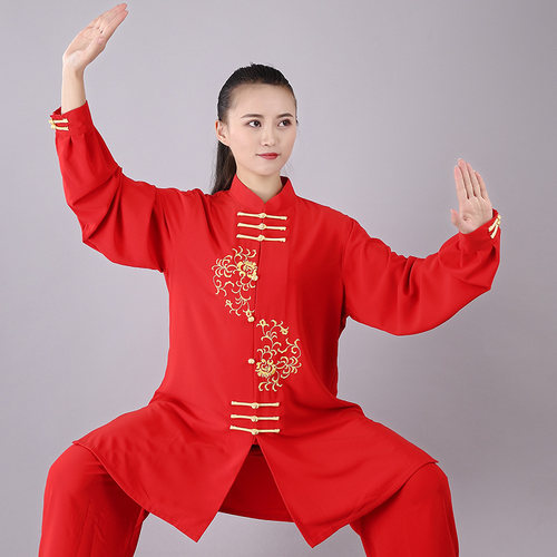 宏极太极服女春秋新款刺绣表演服晨练服练功中长款正品武术太极拳 - 图0