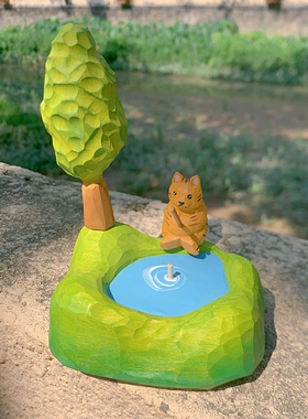 佛系治愈手工木雕钓鱼猫咪办公桌面摆件创意家居装饰礼物