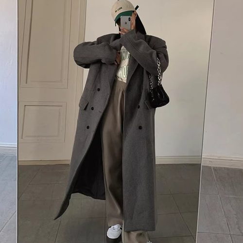 2525秋冬新款韩版毛呢外套女加长款加厚廓形赫本风高个子宽松大衣 - 图0