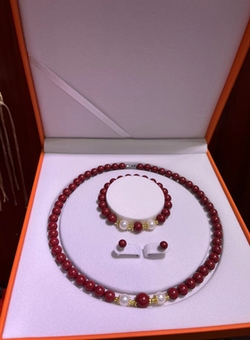 新款项链朱砂三件套装女款耳环贝珠气质手链母亲节女神节送长辈礼