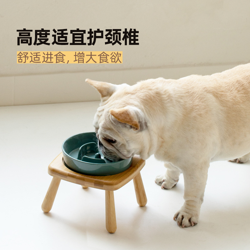 陶瓷狗碗慢食缓食防噎防打翻中大型犬双碗餐桌狗粮水碗实木架子 - 图1