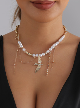 欧美跨境饰品复古珍珠飞鸟项链in