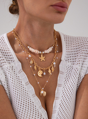 欧美跨境田园沙滩贝壳片多层海星