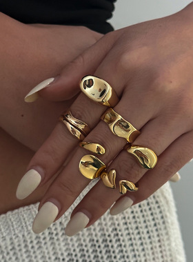 欧美跨境饰品 熔岩纹理蝴蝶结套装关节戒指 简约几何抱抱指环手饰