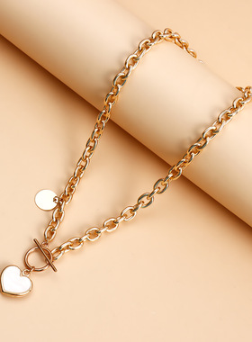 外贸简约毛衣链几何粗铝链立体爱心仿贝母项链女秋冬新款卫衣项饰