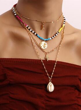 欧美跨境饰品波西米亚七彩米珠海星贝壳海螺吊坠项链女 ins风项饰