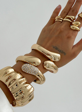 欧美bracelet跨境夸张光面几何个性手环 褶皱金属风抱抱开口手镯