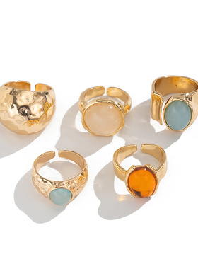 欧美跨境混搭叠戴宝石戒指套装女 复古小众敲打纹开口指环手饰