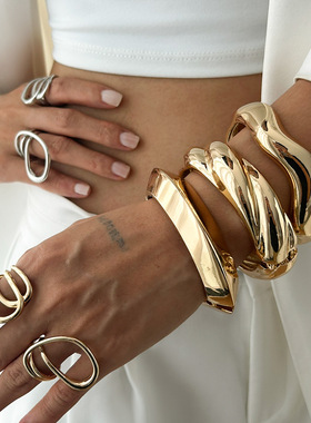 欧美跨境饰品 简约螺纹镜面金属风手镯 简约重工光面波纹叠戴手饰