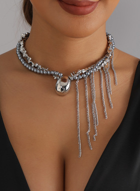 欧美跨境饰品重工金属感珠链流苏