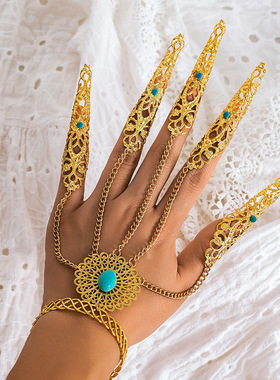 欧美跨境饰品 万圣节哥特风鬼怪连指手链 朋克锥形指甲链指环手饰