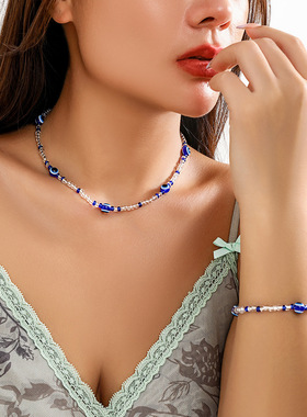 欧美跨境饰品复古串珠眼睛锁骨