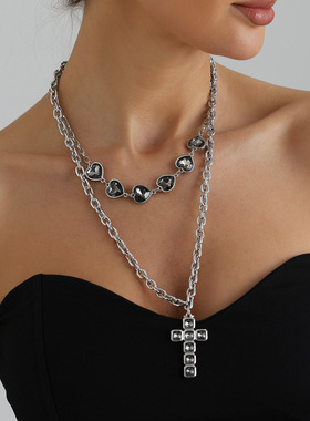 欧美跨境饰品时尚黑钻十字架叠戴