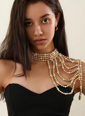 欧美气质多层U形流苏仿珍珠肩链