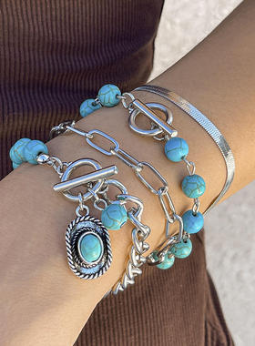 欧美跨境个性多元素蛇骨链条手饰 民族风复古松石牛仔帽手链套装