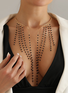 欧美跨境饰品多流苏黑珠项圈女in