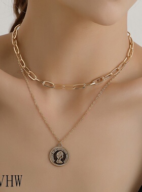 几何双层朋克风美人头像圆牌锁链