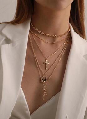 欧美跨境饰品 时尚十字架女王头像吊坠项链女 气质多层玫瑰花项饰