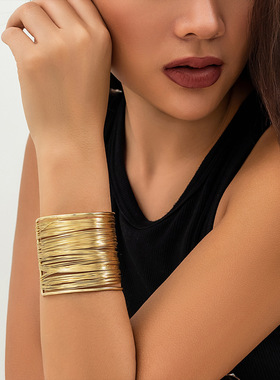 欧美跨境饰品 金属风拉丝开口女士宽版手镯  个性甜酷风简约手链