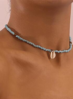 欧美女式短款绿松米珠贝壳吊坠