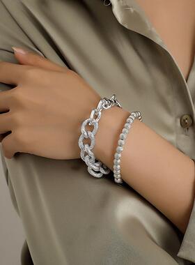 欧美跨境饰品 时尚几何铝合金双层手链女 个性西瓜珠粗链手环手饰