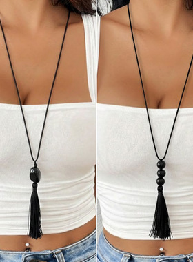 欧美跨境时尚黑色亚克力串珠流苏