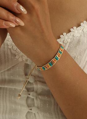 欧美彩色可调串珠金属米珠手链