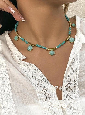 欧美跨境饰品复古松石花纹流苏