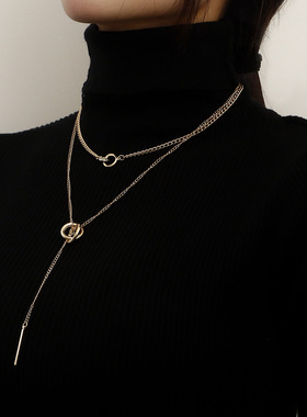 欧美跨境饰品潮酷双圈锁骨链流苏