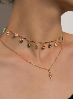 欧美跨境饰品 时尚多层创意合金闪电吊坠 骷髅金属片滴釉雏菊项链