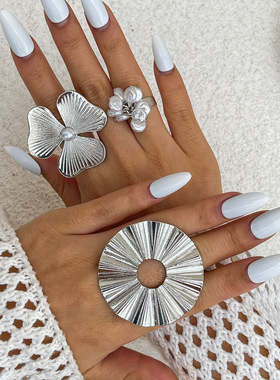 欧美跨境度假Rings开口关节戒 设计感花朵指环褶皱羽毛仿珍珠戒指