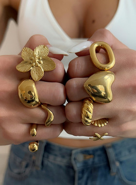 欧美跨境甜酷爱心螺纹不锈钢开口