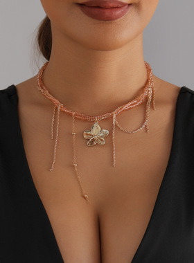 欧美跨境饰品粉色水晶串珠花朵流