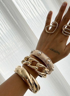 欧美跨境设计感仿珍珠夸张宽手镯 个性链条装金属ins复古开口手环