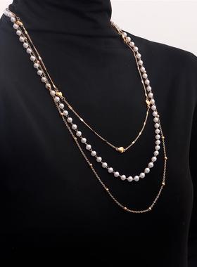 欧美跨境饰品潮酷多层珍珠爱心秋冬毛衣项饰女朋克新款毛衣链嘻哈