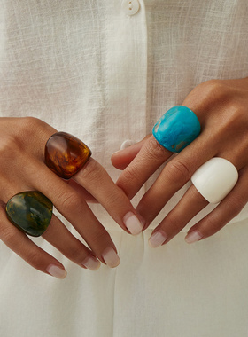 欧美跨境复古琥珀色夸张宽面戒指