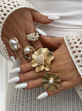 欧美跨境ins夸张金属花朵仿珍珠戒指 百搭叠戴巴洛克开口指环手饰