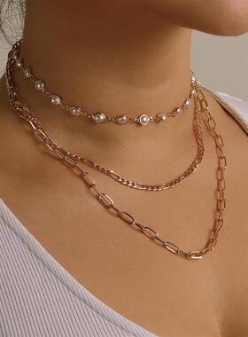 欧美跨境饰品 新款珍珠多层时尚气质女吊坠项链 时尚潮流金属项饰