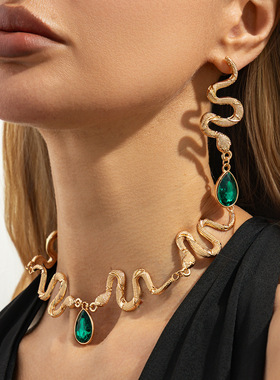 欧美跨境ins蛇形拼接水滴宝石项