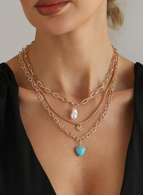 欧美跨境饰品复古松石爱心三层项