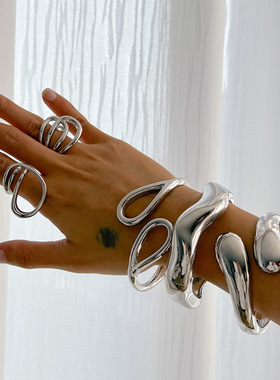 跨境光面夸张水滴抱抱开口手镯 欧美ins双环个性弹簧扣手饰品女