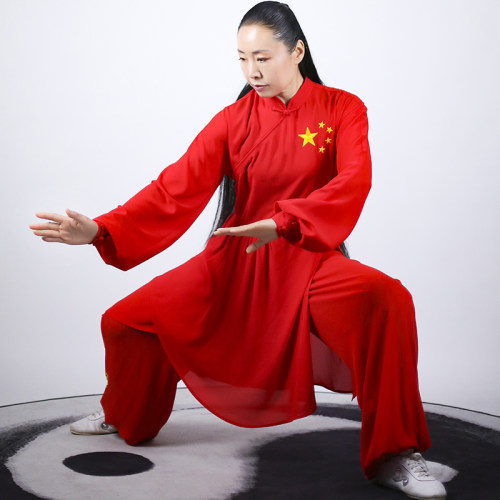 马蕾太极红色女式中国风丝麻太极服比赛晨练服春夏季刺绣五星祥云-图0