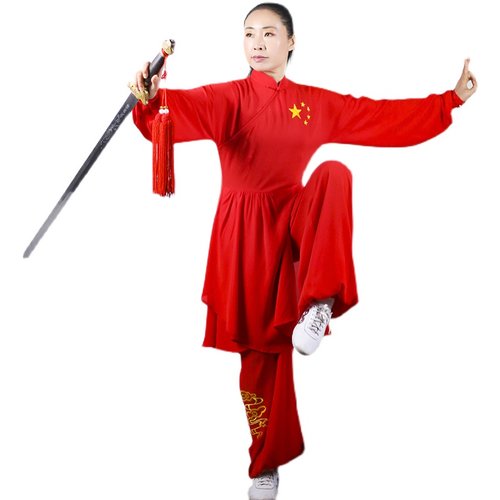 马蕾太极红色女式中国风丝麻太极服比赛晨练服春夏季刺绣五星祥云-图3