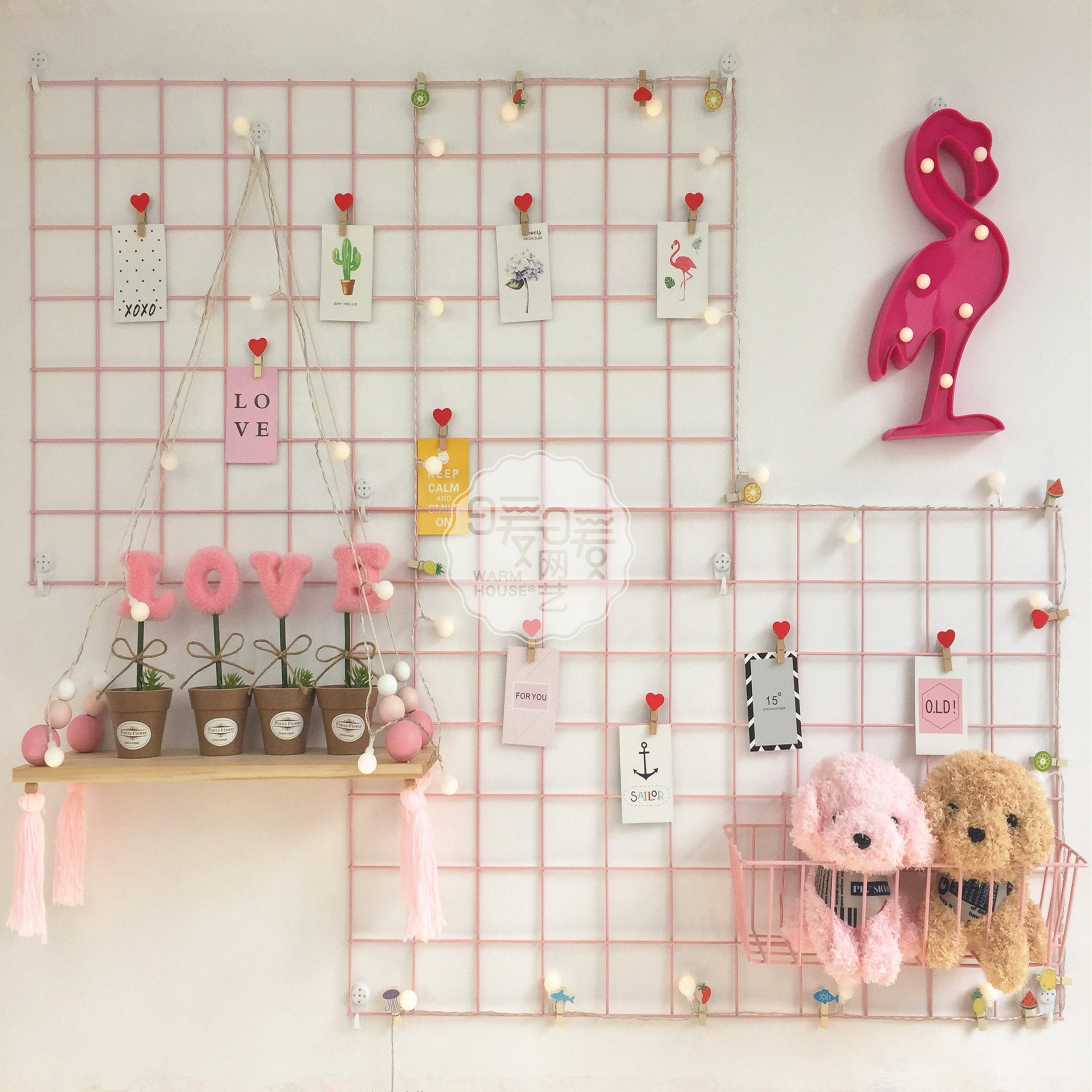 粉色网格照片墙装饰麻绳夹子少女心房间布置卧室相片墙铁丝架网片