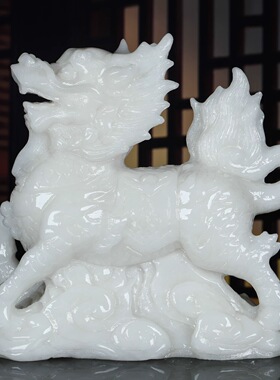 天然白玉麒麟摆件一对公母白玉石麒麟家居装饰品客厅玄关招财瑞兽