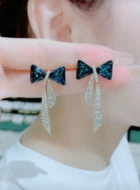 蝴蝶结耳环2021年新款潮韩国气质网红高级感银针蓝色水晶耳饰耳钉