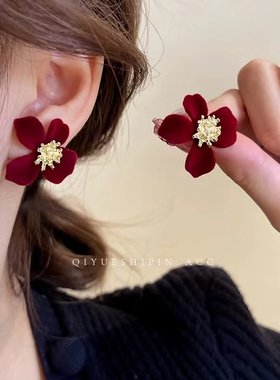 925银针丝绒花朵耳环高级感轻奢