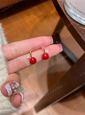 网红爆款韩版红色珍珠锆石耳钉